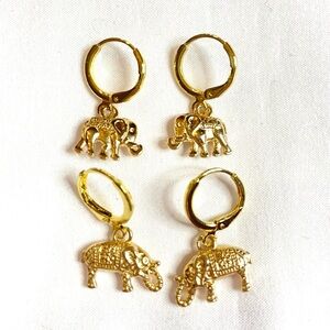 Gold Elephant Earrings Set of 2 Pairs 14mm Huggies Hoops Dangle